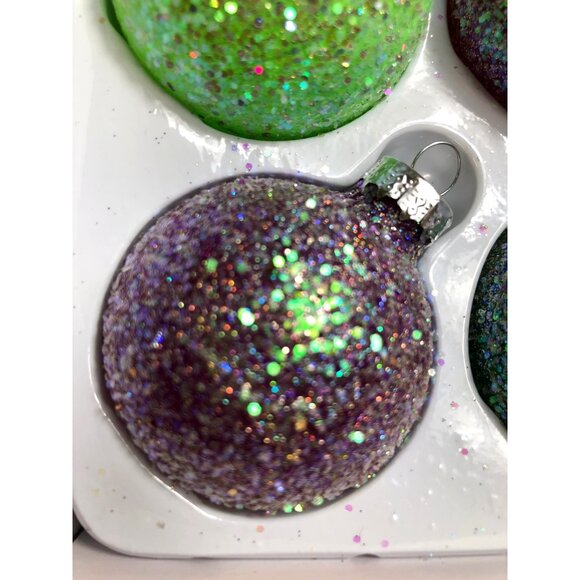 Christmas Ornament Set Of 12 Glitter Green & Purple Baubles Globe Hand-Painted M - Picture 2 of 6